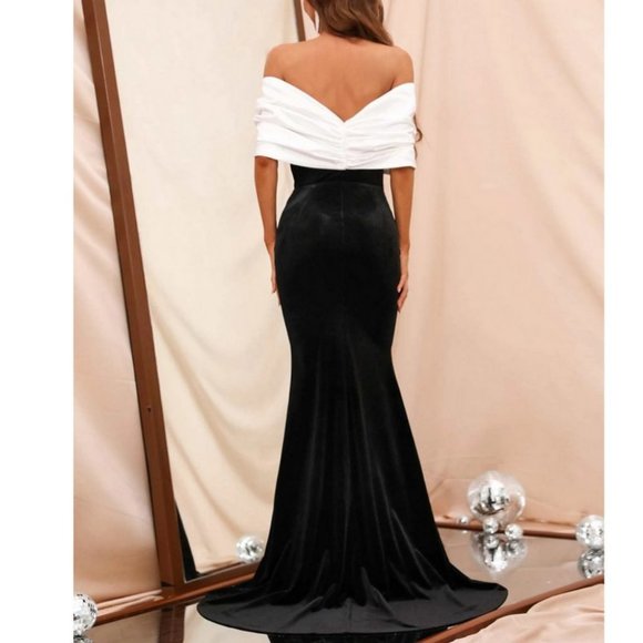 Color Block Off Shoulder Ruched Bust Velvet Prom Dress black - Picture 2 of 8